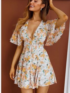 Selfie Leslie Floral V-Neck Mini Dress in White, Orange, Green